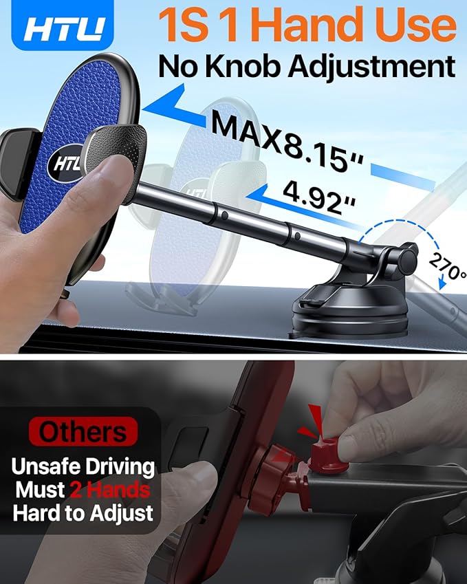 HTU 【Military-Grade Suction】 2025 Cell Phone Holder for Car【Flexible Telescopic Arm】 Car Phone Mount Stand for Dashboard Windshield for iPhone 16 Pro Max 15 14 13 12 Samsung Truck Jeep, Dark Blue