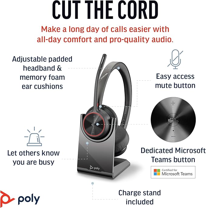 Poly Voyager 4320 UC Wireless Headset & Charge Stand (Plantronics) - Stereo Headphones w/Noise-Canceling Boom Mic - Connect PC/Mac/Mobile via Bluetooth-Works w/Teams (Certified), Zoom-Amazon Exclusive