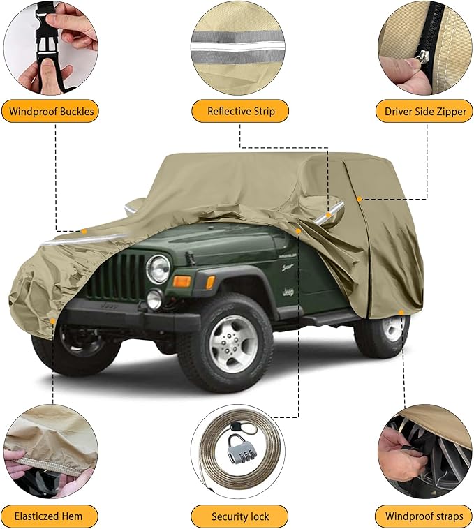Waterproof Car Covers Replace for 1987-2006 Jeep Wrangler, Multilayer Heavy Duty with Cotton Liner All Weather Custom-fit Car Cover with Zipper Door, Windproof Bands for Snow Rain Dust Protection