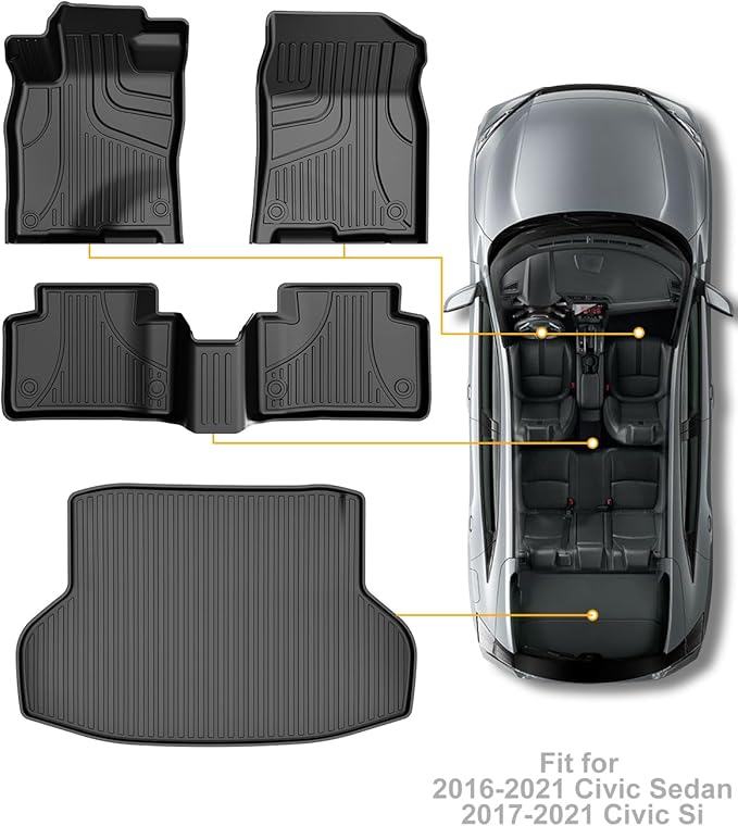 Floor Mats & Cargo Liner Only Fit for 2016-2021 Civic Sedan / 2017-2021 Civic Si - All Weather Protection Floor Liners with Trunk Mat - 1st 2nd Row and Cargo Car Mats Full Set Civic Accessories Black