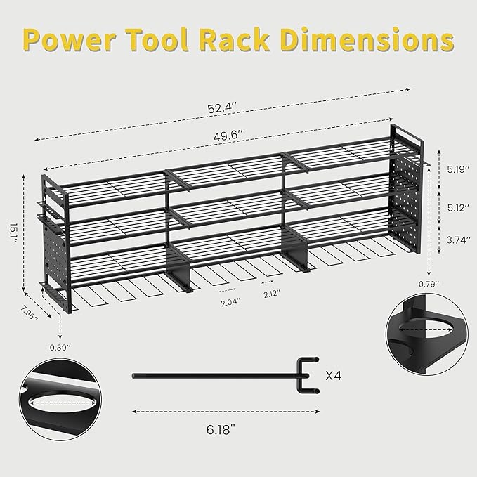Power Tool Organizer Wall Mount, 49" Heavy Duty 4-Tier Garage Storage Shelf with 12 Drills Holder, Pegboard Side Panels,4 Long Hooks, Large Tool Battery Holder Metal Tool Shelf Rack