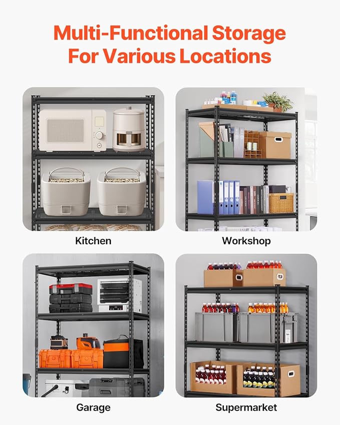 VEVOR Storage Shelves, 2400 lbs, 4 Tier Heavy Duty Garage Shelving, 20" D x 40" W x 60" H Adjustable Metal Shelves for Industrial Shelving Unit Utility Shelf, for Kitchen, Warehouse, Basement, Black