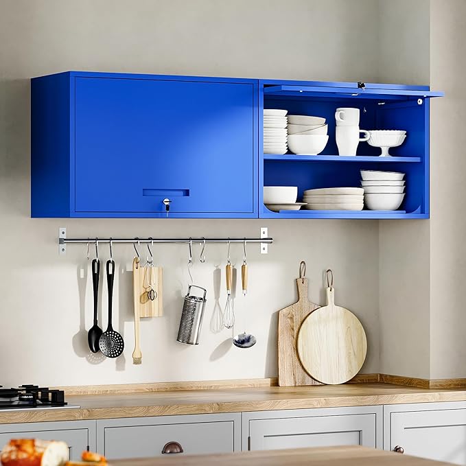 Yizosh Metal Garage Wall Cabinet with Doors and Shelves, Wall Mounted Metal Storage Cabinet, Floating Garage Tool Cabinet for Garage, Basement, Kitchen, Warehouse (Blue, 21.6" H)