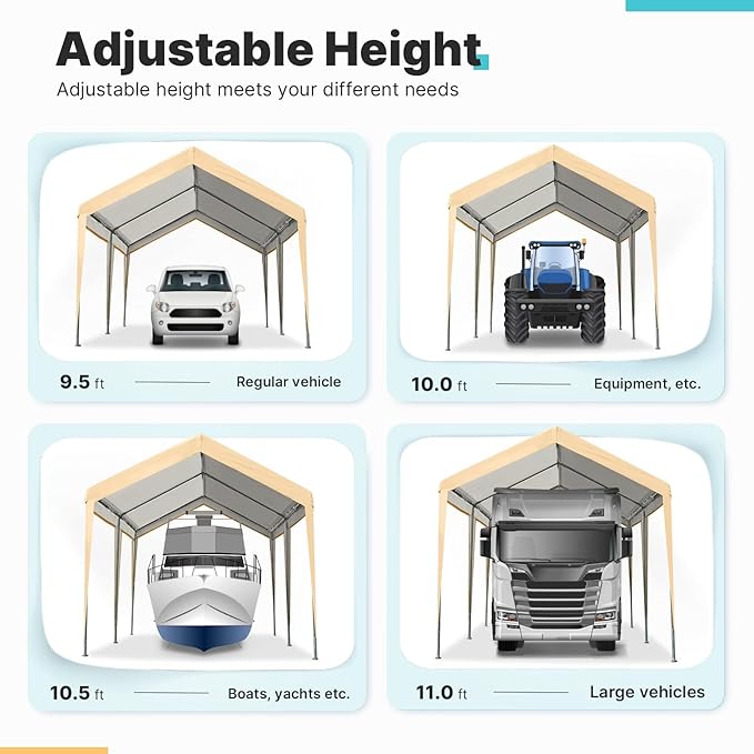 ADVANCE OUTDOOR Adjustable 10x20 ft Heavy Duty Carport Car Canopy Garage Boat Shelter Party Tent, Adjustable Height from 9.5 ft to 11 ft, Beige