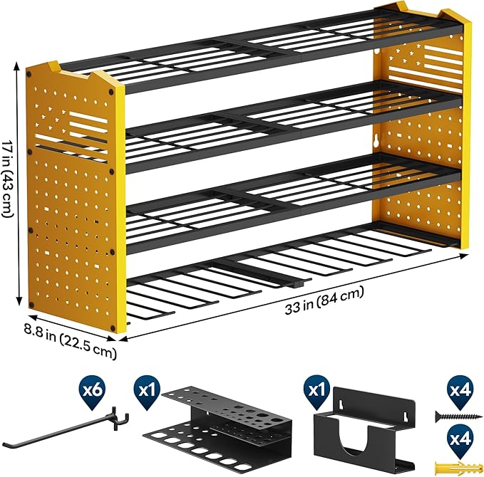 Tomorotec Wall-Mounted Power Tool Storage Rack for Drill, Toolbox & Accessories, Heavy-Duty Steel Organizer with Side Hooks and Adjustable Shelves, Easy Installation Garage & Workshop Storage (Yellow)