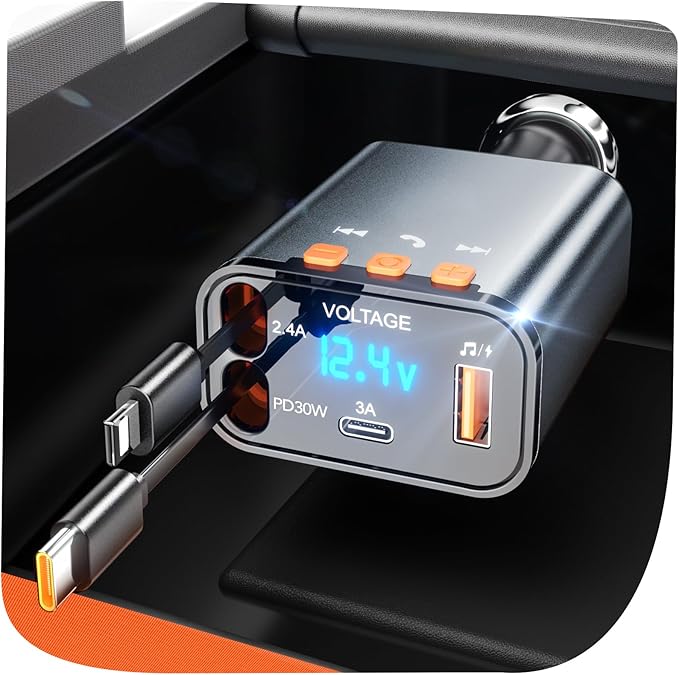 Bluetooth Car Adapter,5 in 1 Retractable Car Phone Charger with Bluetooth 5.3 FM Transmitter,Handsfree Call and MP3 Player,2 Retractable Cables and USB PD Charging Adapter for Cars Phone,Galaxy,Pixel