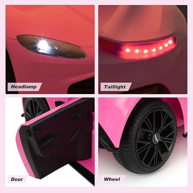 Ride on Car with Remote Control, 12V Licensed Aston Martin Electric Car for Toddlers with Soft Start, Music, USB, Bright Lights, Battery Powered Car for Kids 36-95 Months (Pink)
