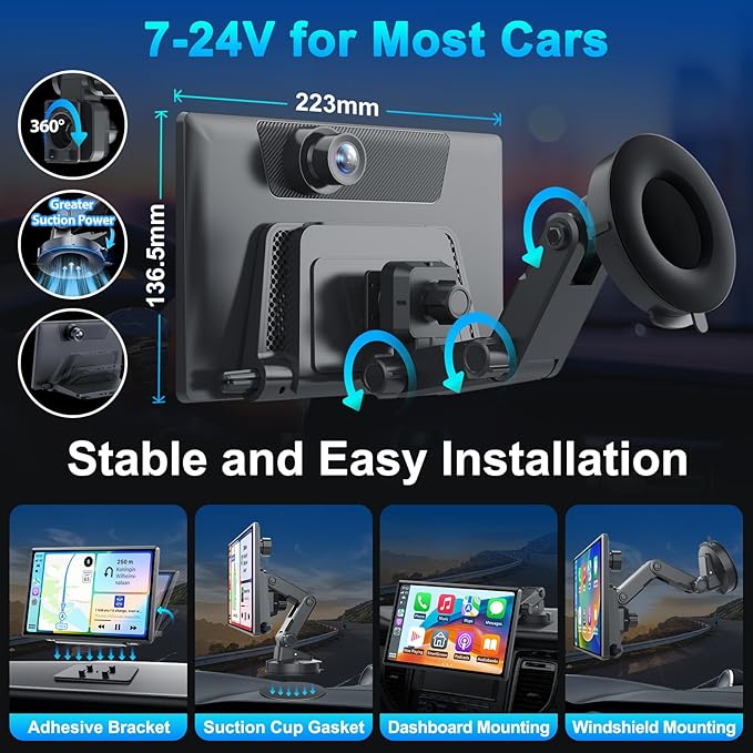 Wireless Portable Carplay Screen with 4K Dash Cam, Android Auto, 9'' Auto-Dimming Screen with Strongest Suction Mount, GPS Navigation for Car, 1080P Backup Camera, Loop Recording