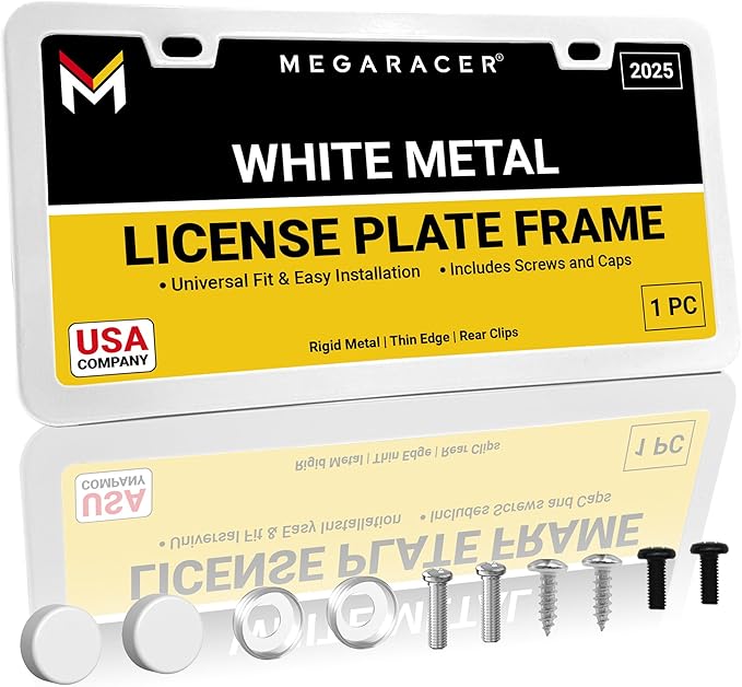 Premium Slim Sleek White License Plate Frame – 1 Pack, Rust-Free & Rattle-Free Stainless Steel, Street Legal, Universal with Screw Covers, Thin Edged Metal Front or Rear Car Tag Holder for Men & Women