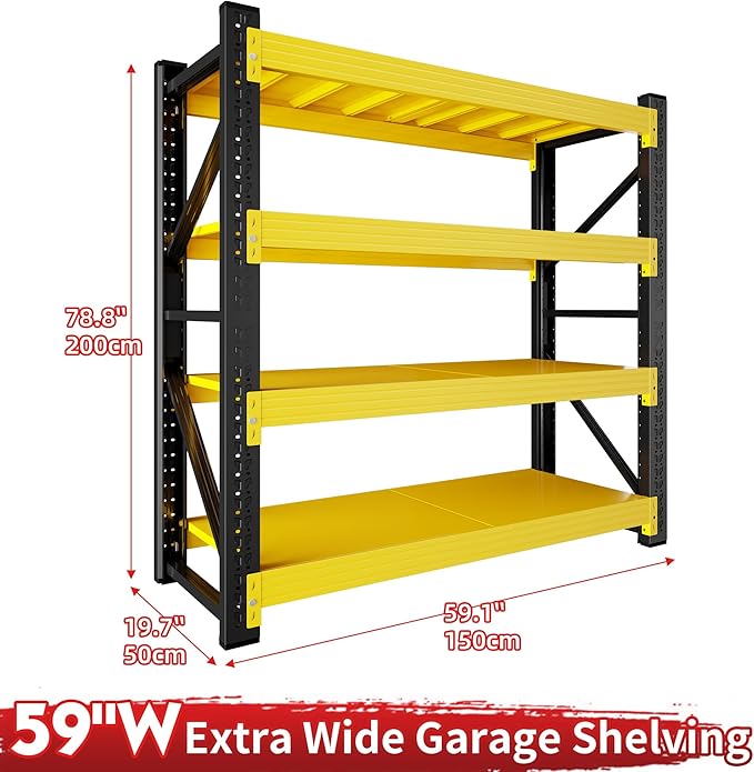 5000LBS Garage Shelving 59" W Garage Shelving Heavy Duty 4-Tier Metal Storage Shelves Adjustable Shelf Unit Storage Rack for Basement Supermarket Warehouse 59" W x 20" D x 78" H Yellow