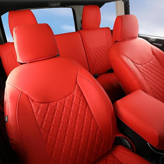 GIANT PANDA Customized Full Set Car Seat Covers for Jeep Wrangler 4 Door JK Sahara Sport Rubicon Unlimited Willys Wheeler Altitude 2013 2014 2015 2016 2017, Faux Leather - (Red)