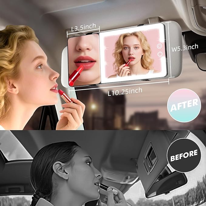 Car Sun Visor Vanity Mirror with Lights & 20X Magnification, Led Light up Makeup Mirror for Sun Visor, Rechargeable 3 Colors Dimming Light, Universal Accessories for Car SUV Truck