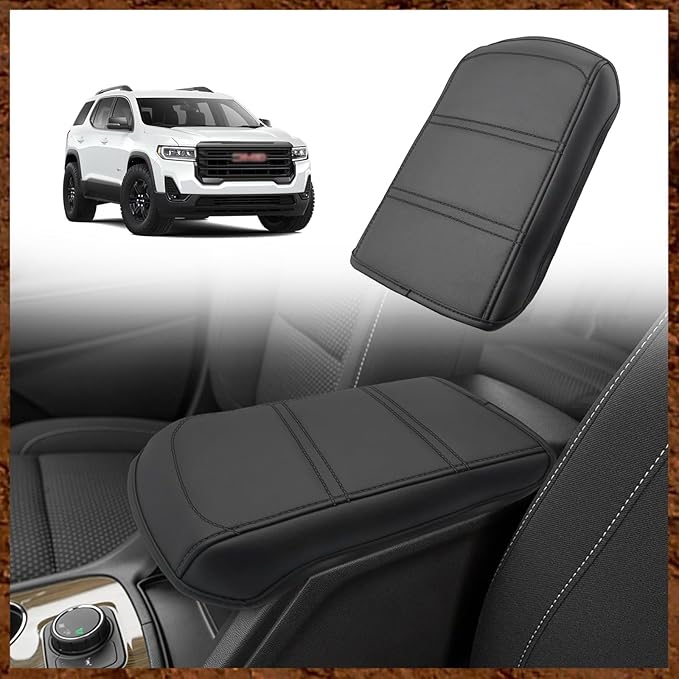 Muslogy for Acadia 2017-2023 Center Console Pad Armrest Cover Vegan Leather Cushion Pad Accessories Armrest Lid Protector Extra Soft Compatible with GMC Acadia 2023 2022-2017 (Black/Black Trim)