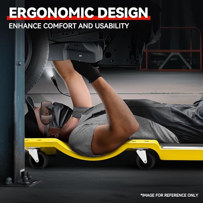 Auto Dynasty 40 Inches Mechanic Creeper, Automotive Garage Repair Low Profile Under Car Rolling Creeper with LED Light and Padded Headrest, Plastic, Yellow