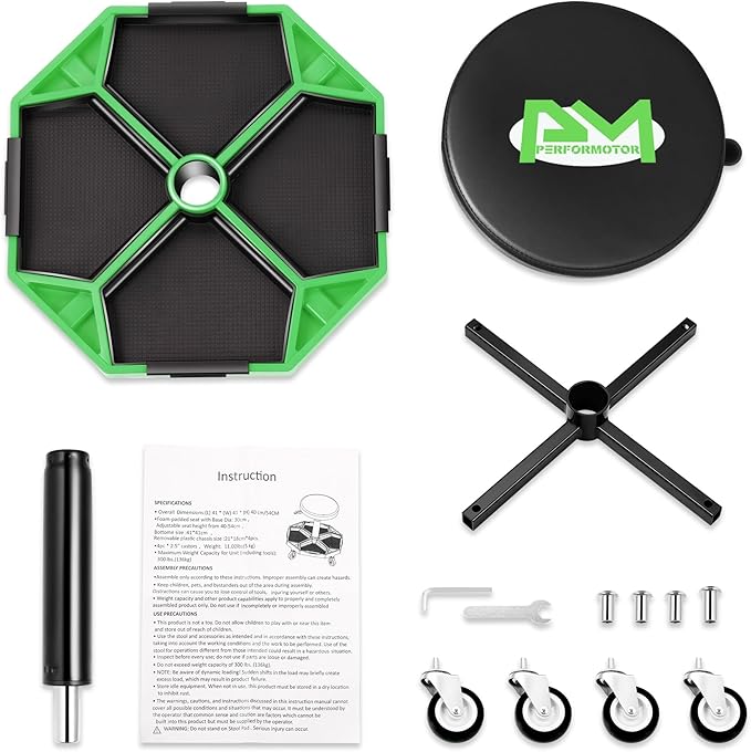 PM PERFORMOTOR Adjustable Height Pneumatic Garage Seat Rolling Mechanic Stool with Tool Tray Storage,300lbs Max Weight Capacity, Green,PM-TOL-ATS-GR