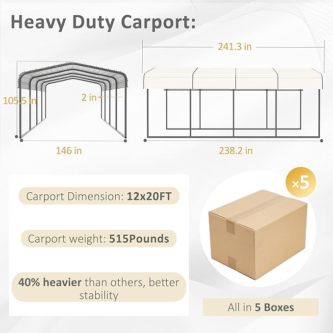 12x20 FT Outdoor Carport with Metal Roof, Heavy Duty Metal Carport Canopy, Garage Car Shelter Shade for Car, Truck, Boat, Eggshell