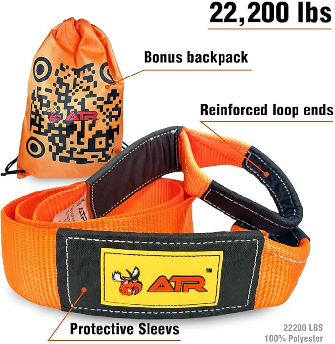 ATR Recovery Tow Strap 3" x 20ft – 22,200 lbs Breaking Strength, Heavy Duty Snatch Strap for Truck, SUV, Off-Road Pulling, Tow Rope with Storage Bag
