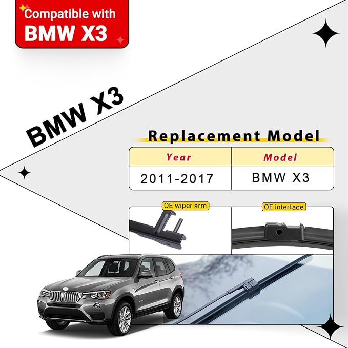 Windshield Wiper Blades Replacement for BMW X3 2011 2012 2013 2014 2015 2016 2017 Original Factory Quality Front Rear Wipers Blade Set for My Car - 26" 20" 13" (Pack of 3)