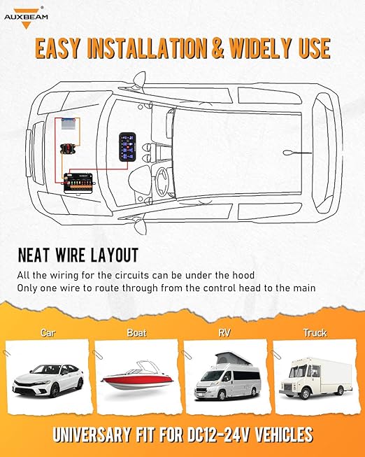 Auxbeam RC800 8 Gang Switch Panel RA84 RGB Wireless Remote Control Up to 165FT Range Automotive Switch Pod Featuring 3 Lighting Modes Backlit Off Waterproof for Car Boat Truck RV 2-Year Warranty