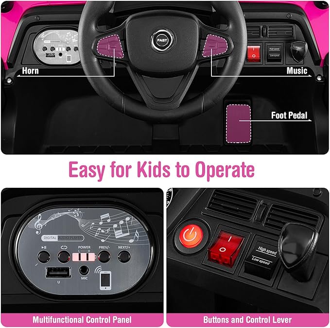 Costzon Kids UTV, 12V Battery Powered Electric Off-Road Car w/Remote Control, Sounds, Wireless Connection, 3 Speeds & 4-Wheel Suspension, Kids Ride on Truck, Gift for Boys & Girls 3+ Years Old (Pink)