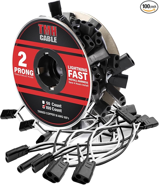TMH 100 Count 2-Prong Wire Harness Roll Double Female Bullet Plug 18 Gauge - 6.5" Spacing for LED Marker Clearance Lights Hassle-Free Installation
