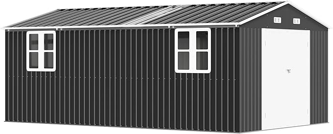 AMERLIFE 10x16.3x7 FT Galvanized Steel Storage Shed with Dual Transparent Panels, 4 4-Pane Windows & Hinged Double Doors, Outdoor Shed for Backyard, Garden, Patio, Dark Grey/White