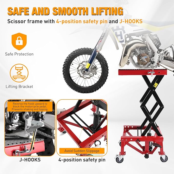 Nilight Motorcycle Lift Table Jack 300 LBS Heavy Duty Hydraulic Motorcycle Scissor Jack Lifts Table Foot Pedal with 4 Caster Wheels Wide Deck for Motorbike Dirt Bike ATV Garage Repair Tool, Red