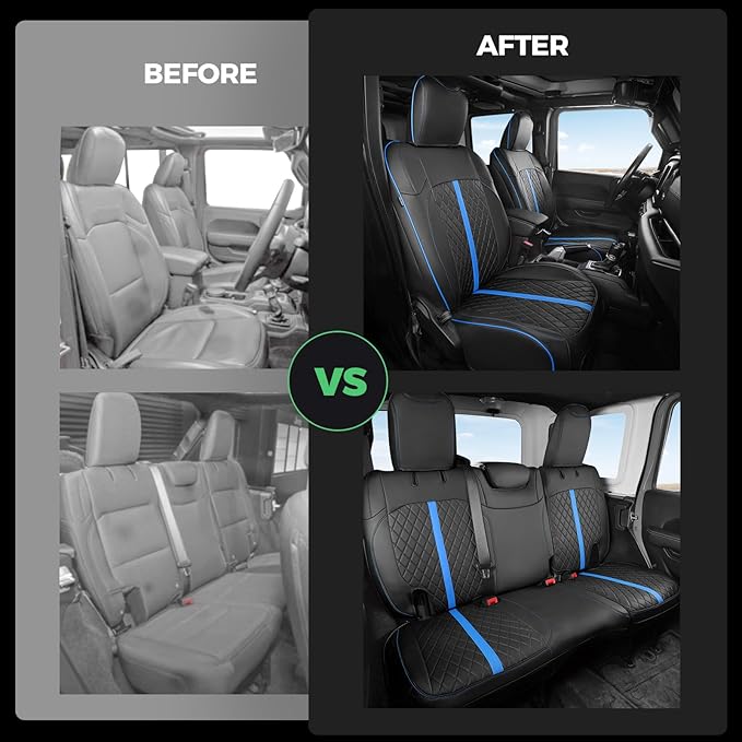 for Jeep Wrangler Seat Covers 4Door JL 2018 2019 2020 2021 2022 2023 2024 2025, Custom Car Seat Cover Full Set, Luxury Waterproof Leather Seat Protectors, Black Blue Trim, W/O Rear Cup Holder