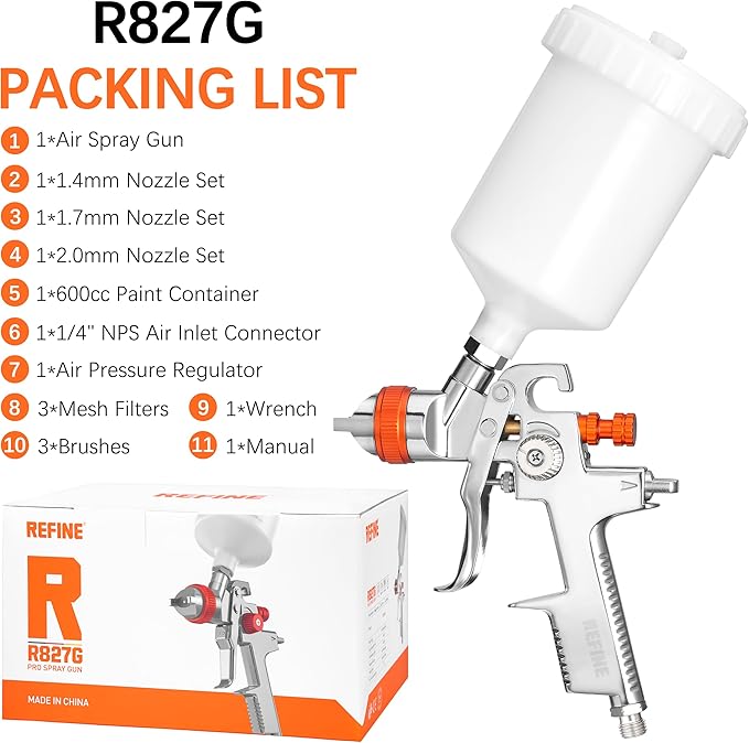 REFINE Spray Gun Kit, Auto Paint Gun with 1.4/1.7/2.0mm Nozzle Sets, 600cc Cup, Professional Automotive Air Spray Gun with Air Regulator for Cars, House ＆ DIY Painting