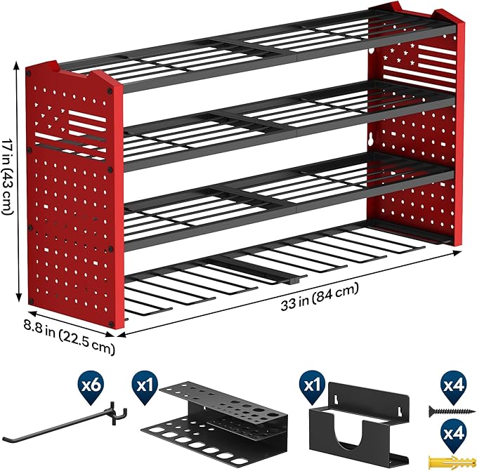 Tomorotec Wall-Mounted Power Tool Storage Rack for Drill, Toolbox & Accessories, Heavy-Duty Steel Organizer with Side Hooks and Adjustable Shelves, Easy Installation Garage & Workshop Storage (Red)