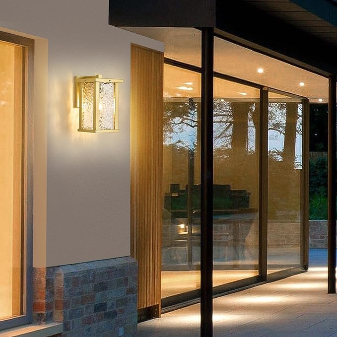 Outdoor Wall Sconce E26 Base Metal Frame - Gold Exterior Light Fixture with Clear Glass, Waterproof Porch Wall Mount Lighting for Garage, Patio(Bulb not Included)