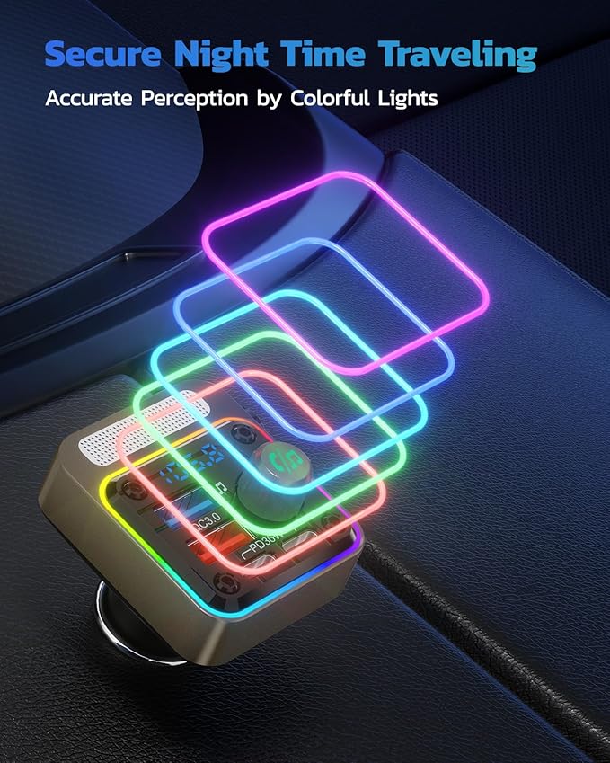 Nulaxy 54W Bluetooth 5.3 Car Adapter with 4 Charging Ports [PD 36W & QC3.0 18W], Wireless Radio FM Transmitter with Deep Bass Player & 5 Colors LED Backlit, Hands-Free Calling - Gold