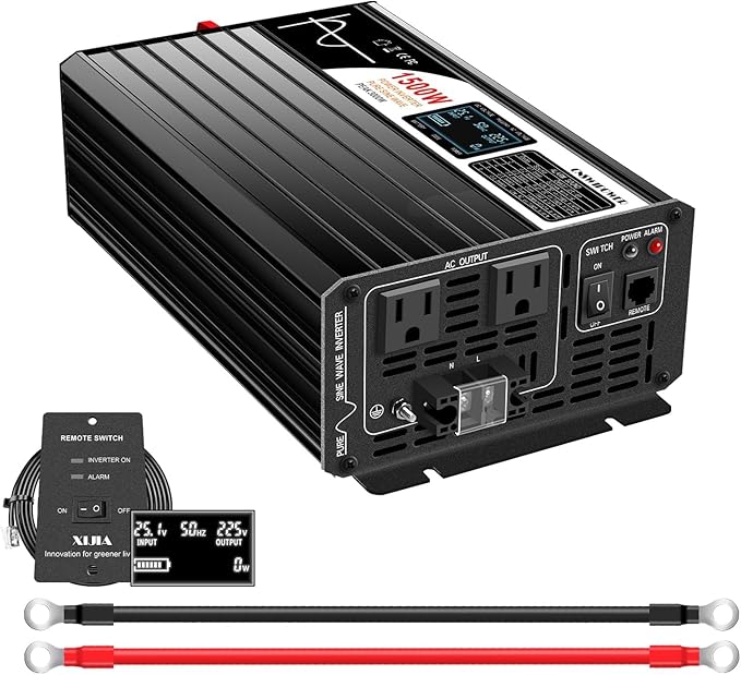 Xijia 1500W(Peak Power 3000W) Pure Sine Wave Solar Power DC 24V Inverter AC 120V 60HZ Solar Converter for Home Use car (DC24V (Range 20V-30V) 1500W)