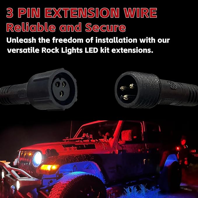 4 PCS 4FT 3 Pin RGB Rock Light Extension Wire, Design for Our Brand's Rock Lights, Other Brands Must Meet The Conditions of which Length of The Male Plug is 0.24 Inches and The Female is 0.39 Inches