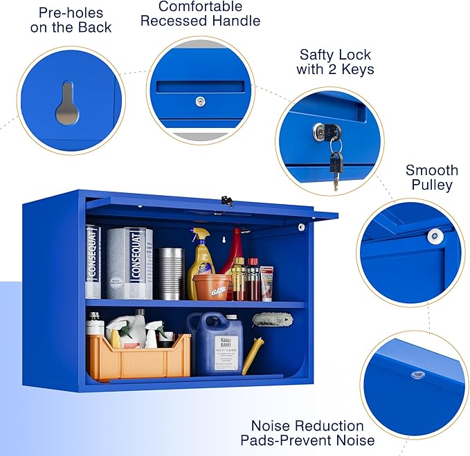 Yizosh Metal Garage Wall Cabinet with Doors and Shelves, Wall Mounted Metal Storage Cabinet, Floating Garage Tool Cabinet for Garage, Basement, Kitchen, Warehouse (Blue, 21.6" H)