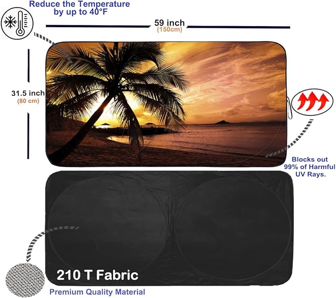 Gven Windshield Sun Shade, Vehicle Car Sun Shade Windshield Funny Yellow Beach Foldable Car Sunshade for Trucks SUV Cars Blocks UV Rays Keep Your Vehicle Cool (Yellow Sunset, S)
