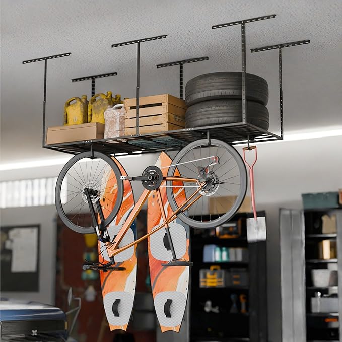 SunsGrove Heavy-Duty 4-Pack Overhead Garage Ceiling Storage Hooks, Add-On Storage Rail Hook Accessory for Hanging Bikes and More, Supports Up to 66lbs