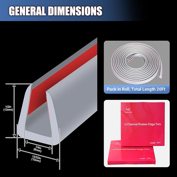 Rubber Edge Trim, Flexible Edge Trim for Sharp Edge, 1/4" U Channel Edge Protector, Self Adhesive Edge Guards for Plywood, Glass, Flexiglass and Sheet Metal Parts, 20Ft, Grey Color