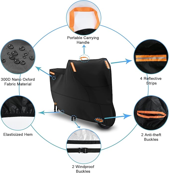 Motorbike Cover Waterproof Outdoor, Motorcycle Scooter Moped Cover Sun Rain Dust Protection with 4 Reflective Strips and 2 Windproof Buckles, 2 Lock-Holes for Cruisers Sportbikes (1XL: 91x37x49 inch)