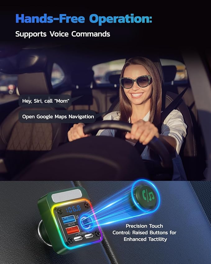 Nulaxy 54W Bluetooth 5.3 Car Adapter with 4 Charging Ports [PD 36W & QC3.0 18W], Wireless Radio FM Transmitter with Deep Bass Player & 5 Colors LED Backlit, Hands-Free Calling - Green