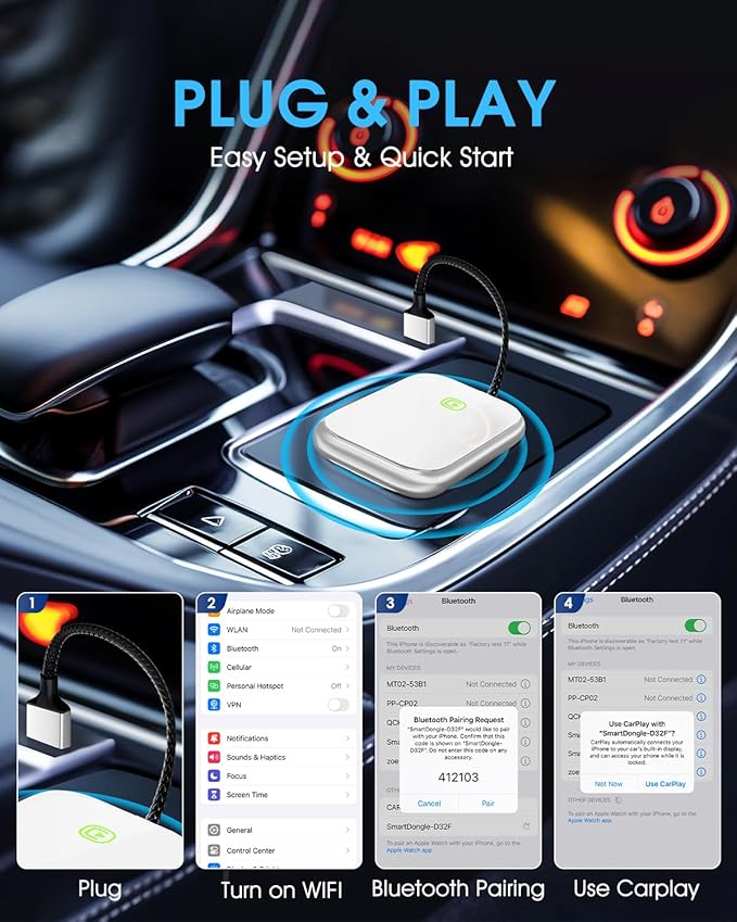 Wireless CarPlay Adapter - Fast & Stable Connection for Carplay Wireless Adapter Convert Factory Wired to Wireless CarPlay Dongle Plug & Play Car Play Fit for iPhone iOS 10+ (Dark Silver)