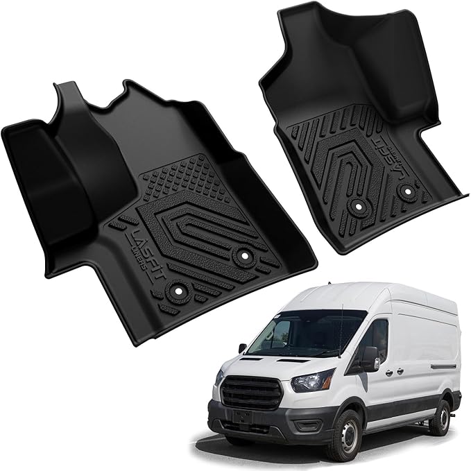 LASFIT Front Floor Mats for 2022-2025 Ford Transit 150/250/350/350HD with Vinyl Floor(Not Fit for Transit Connect) All Weather Protector TPE Car Floor Liners for Transit Vans, 1st Row Only, Black