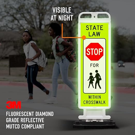 State Law Stop for Pedestrian in Crosswalk MUTCD R1-6a Sign, Double Sided 3M Engineer Grade Reflective, Portable Rubber Base, Impact Resistant Plastic Frame