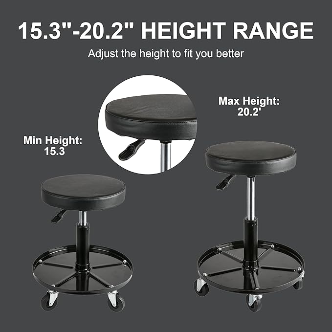 Aain Heavy Duty Adjustable Rolling Seat, with Tool Tray, 5pcs Casters, 15.3" to 20.2"