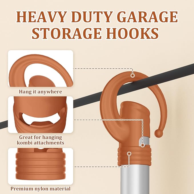 6 Pack Garage Storage Hooks + 1 Pack Trimmer Rack Compatible with Stihl Kombi Attachments, Garden Power Tool Holder Organizer Hangers for Grass Trimmer, Hedge Trimmer, Garage Wall