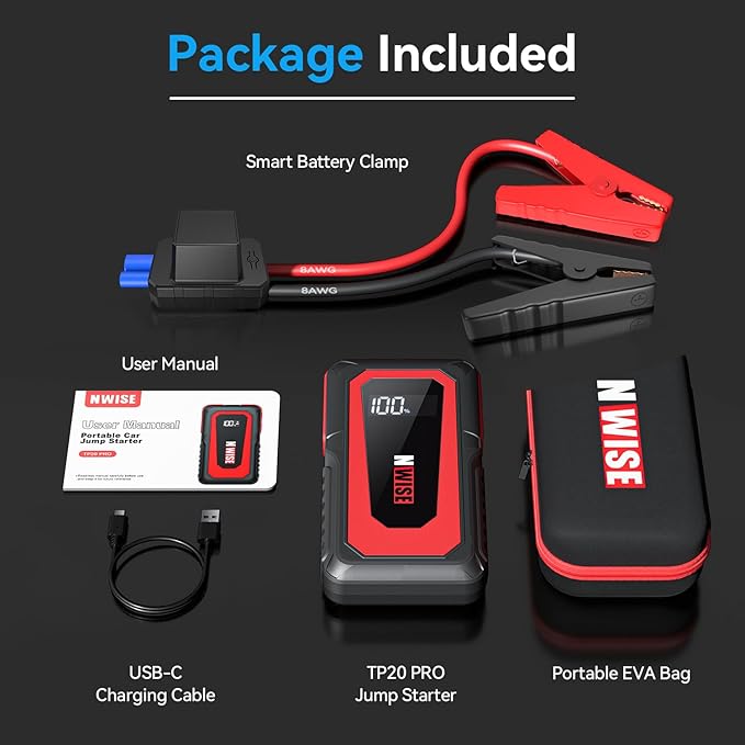 NWISE Car Jump Starter, 2000A Peak 20000mAh Portable Battery Pack with Smart Safety Jumper Clamps,12V Jump Boxes with LCD Display, LED Light, USB Ports
