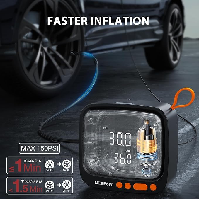 Tire Inflator Portable Air Compressor, NEXPOW 150PSI 12V DC Air Pump with Dual Digital Pressure Gauge & Auto Shut-Off, Air Compressor Portable with LED Light for Car, Motorcycle, Bicycle, Ball, Orange