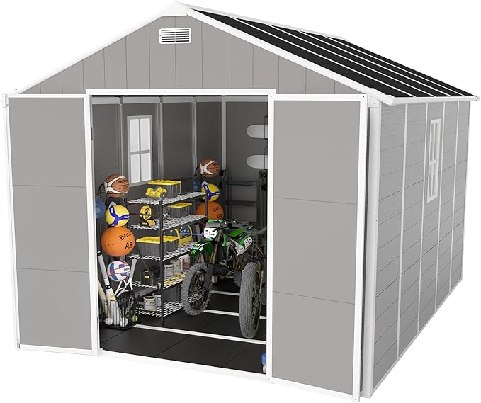 Resin Storage Shed 10x8 ft, Large Outdoor Sheds with Floor, Lockable Doors and Vents, HD Window, 12mm Thick pp Board, Garden Storage Tool Shed for Backyard Patio Lawn (Grey, 10 * 8ft)
