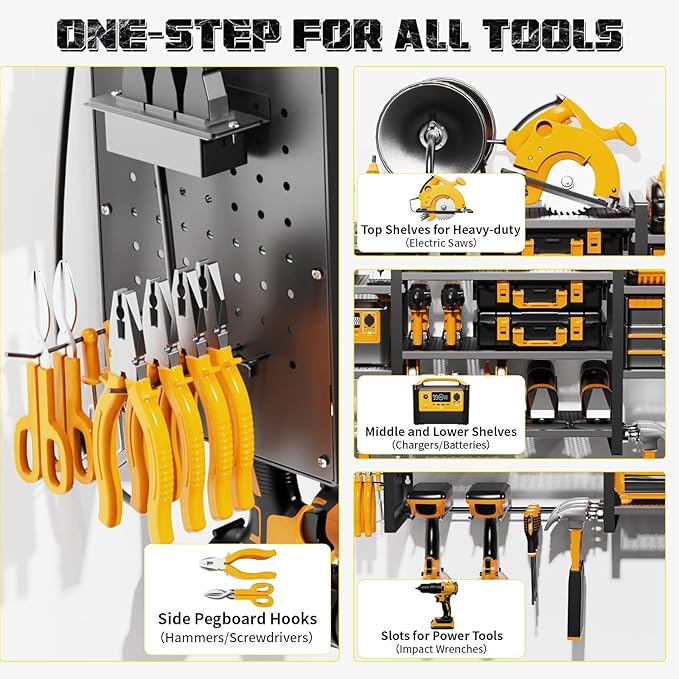 Power Tool Organizer with Charging Station Wall Mount, 3 Layer Expanded Heavy Duty Garage Organization, 48.8 Inch Length Garage Tool Storage, 4 Drill Slot, 16" Standard Hole, Black
