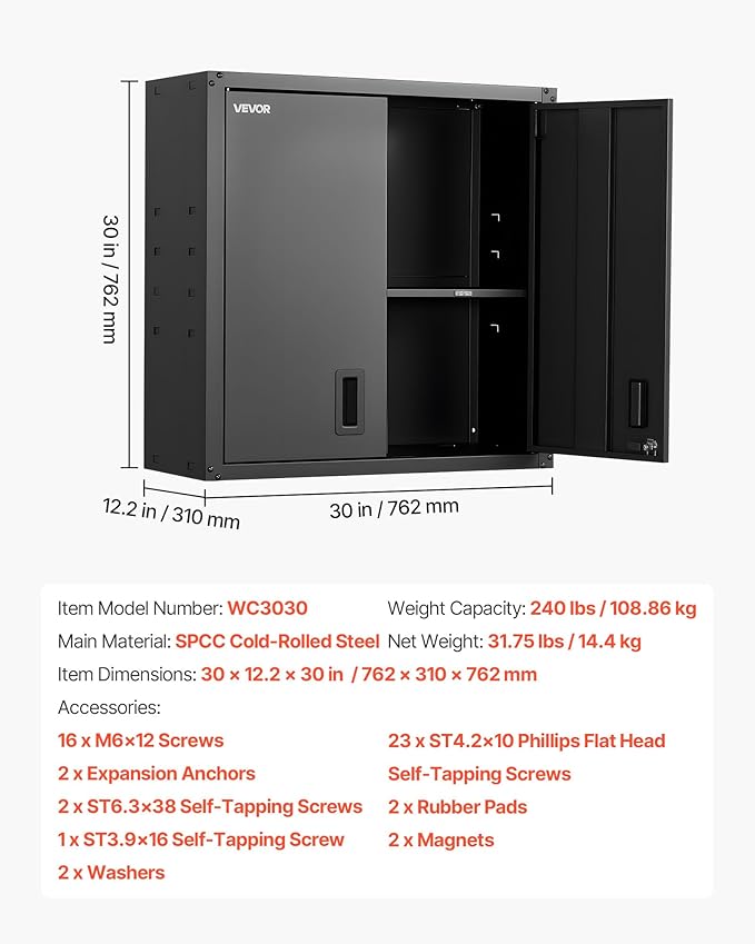 VEVOR Metal Wall Cabinet, 30W x 12.2D x 30H Inch, Steel Floating Hanging Storage Cabinet with Locking Doors and Adjustable Shelf for Garage, Basement, Kitchen, Warehouse Assembly Required, Black
